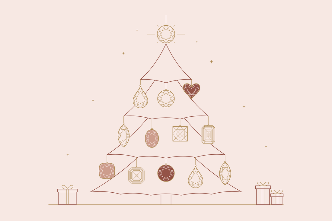 Getekende kerstboom met edelsteenslijpvormen als kerstballen, zoals briljant, peer, hart en emerald